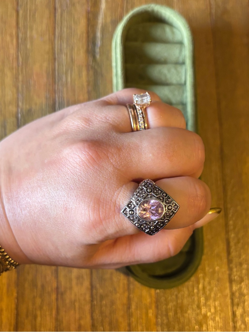 Vintage Geometric Pink Tourmaline Bezel Statement Ring - Picture 3 of 5